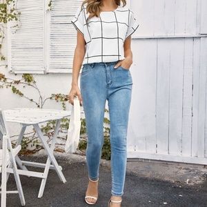 Windowpane Plaid Rolled Cuff Blouse